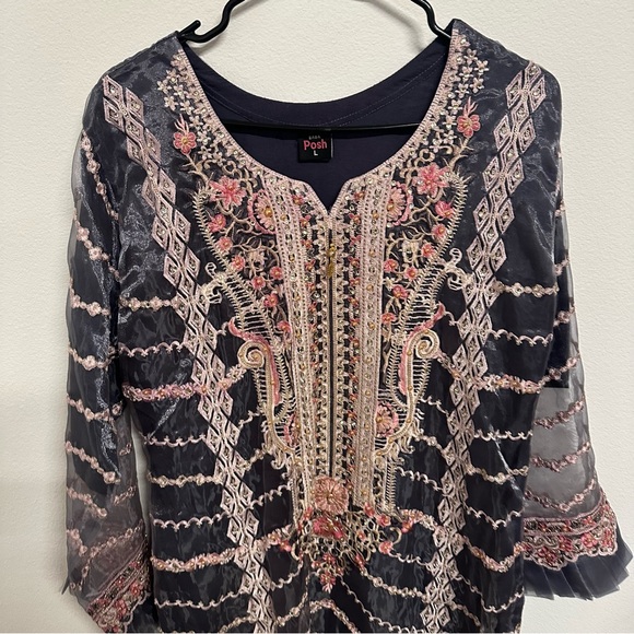 Embroidered Formal Kameez Set – Charcoal & Blush – Size L - Picture 5 of 13